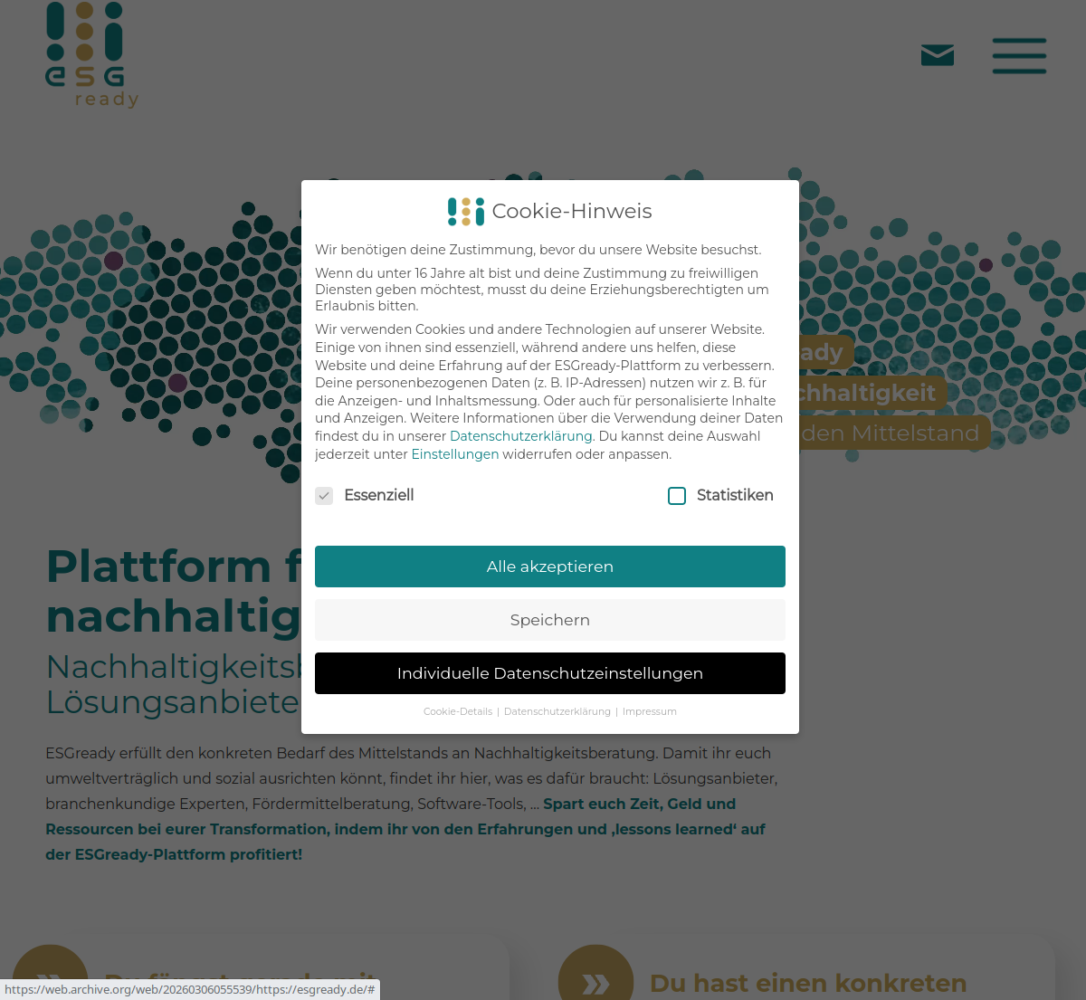 Alte ESGready-Startseite, WordPress-Aufbau